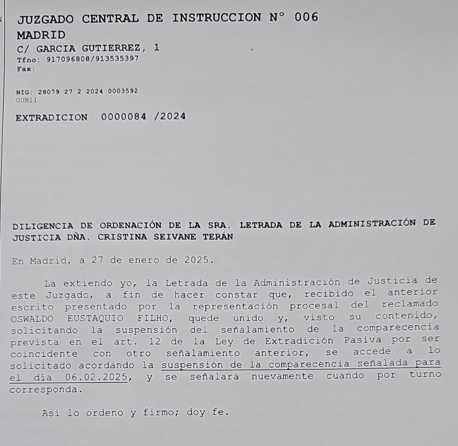 Oswaldo Eustáquio tem audiência cancelada na Espanha